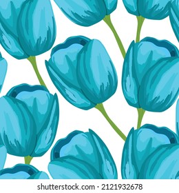 Spring colorful vector illustration with blue tulips. Cartoon style. Design for fabric, textile, paper. Holiday print for Easter, Birthday, 8 march. Flowers with leaves.