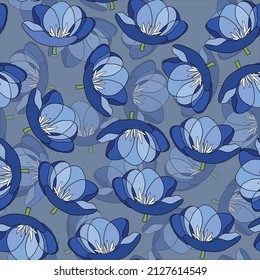 Frühlingsbunter Vektorgrafik mit blauen Tulpen. Cartoon-Stil. Design für Gewebe, Textilien, Papier. Urlaubstext für Ostern, Geburtstag, 8. März. Blumen mit Blättern.