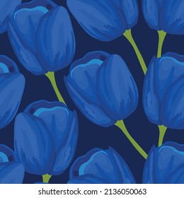 Ilustración vectorial colorida primavera con tulipanes azules. Estilo de caricatura. Diseño para tela, textil, papel. Impresión de vacaciones para Pascua, cumpleaños, 8 de marzo. Flores con hojas.