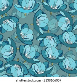 Spring colorful vector illustration with blue tulips. Cartoon style. Design for fabric, textile, paper. Holiday print for Easter, Birthday, 8 March. Flowers with leaves.