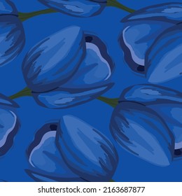 Frühlingsbunter Vektorgrafik mit blauen Tulpen. Cartoon-Stil. Design für Gewebe, Textilien, Papier. Urlaubspapier für Ostern, Geburtstag, 8. März. Blumen mit Blättern.