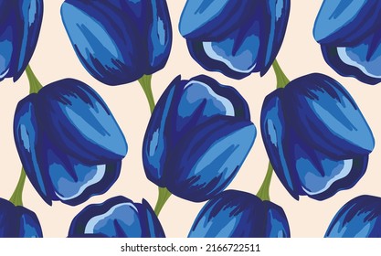 Spring colorful vector illustration with blue tulips. Cartoon style. Design for fabric, textile, paper. Holiday print for Easter, Birthday, 8 march. Flowers with leaves.