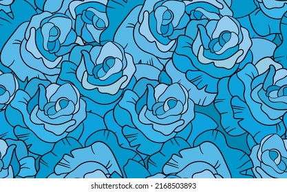 Ilustración vectorial colorida primavera con rosas azules. Estilo de caricatura. Diseño para tela, textil, papel. Impresión de vacaciones para Pascua, cumpleaños, 8 de marzo. Flores con hojas.