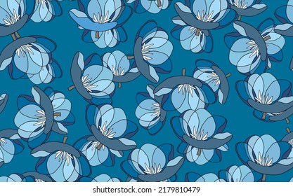 Spring colorful vector illustration with blue tulips. Cartoon style. Design for fabric, textile, paper. Holiday print for Easter, Birthday, 8 March. Flowers with leaves.