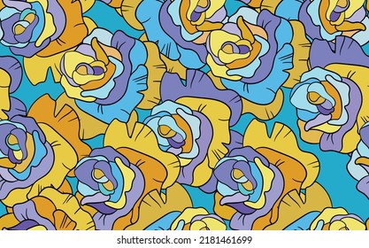 Spring colorful vector illustration with blue roses. Cartoon style. Design for fabric, textile, paper. Holiday print for Easter, Birthday, 8 march. Flowers with leaves.