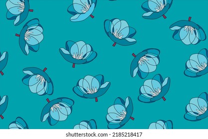 Spring colorful vector illustration with blue tulips. Cartoon style. Design for fabric, textile, paper. Holiday print for Easter, Birthday, 8 March. Flowers with leaves.