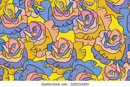 Spring colorful vector illustration with blue roses. Cartoon style. Design for fabric, textile, paper. Holiday print for Easter, Birthday, 8 march. Flowers with leaves.