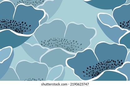 Spring colorful vector illustration with blue roses. Cartoon style. Design for fabric, textile, paper. Holiday print for Easter, Birthday, 8 March. Flowers with leaves.