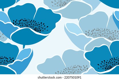 Spring colorful vector illustration with blue roses. Cartoon style. Design for fabric, textile, paper. Holiday print for Easter, Birthday, 8 March. Flowers with leaves.