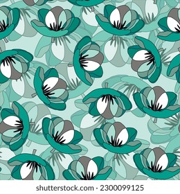 Ilustración vectorial colorida primavera con tulipanes azules. Estilo de caricatura. Diseño para tela, textil, papel. Impresión de vacaciones para Pascua, cumpleaños, 8 de marzo. Flores con hojas.