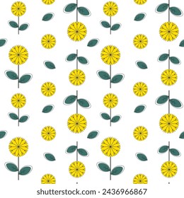 Ilustración vectorial colorida de primavera con diente de león. Diseño para tela, textil, papel. Estampado navideño para Pascua, cumpleaños, 8 de marzo. Flores con hojas.