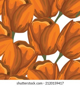 Spring colorful vector illustration with orange tulips. Cartoon style. Design for fabric, textile, paper. Holiday print for Easter, Birthday, 8 march. Flowers with leaves.