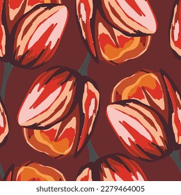 Spring colorful vector illustration with orange tulips. Cartoon style. Design for fabric, textile, paper. Holiday print for Easter, Birthday, 8 march. Flowers with leaves.