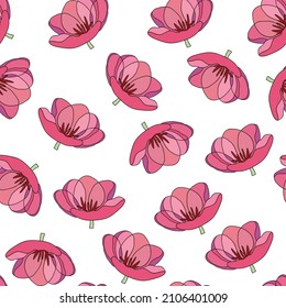 Spring colorful vector illustration with pink tulips. Cartoon style. Design for fabric, textile, paper. Holiday print for Easter, Birthday, 8 march. Flowers with leaves.