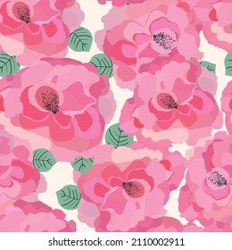 Spring colorful vector illustration with pink roses. Cartoon style. Design for fabric, textile, paper. Holiday print for Easter, Birthday, 8 march. Flowers with leaves.