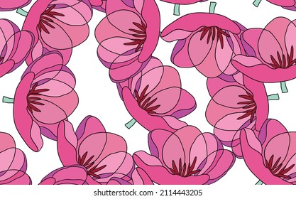 Spring colorful vector illustration with pink tulips. Cartoon style. Design for fabric, textile, paper. Holiday print for Easter, Birthday, 8 march. Flowers with leaves.