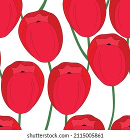 Spring colorful vector illustration with pink tulips. Cartoon style. Design for fabric, textile, paper. Holiday print for Easter, Birthday, 8 march. Flowers with leaves.