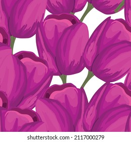 Spring colorful vector illustration with pink tulips. Cartoon style. Design for fabric, textile, paper. Holiday print for Easter, Birthday, 8 march. Flowers with leaves.