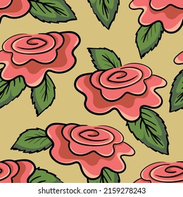 Spring colorful vector illustration with pink roses. Cartoon style. Design for fabric, textile, paper. Holiday print for Easter, Birthday, 8 March. Flowers with leaves.