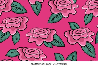 Ilustración vectorial colorida primavera con rosas rosadas. Estilo de caricatura. Diseño para tela, textil, papel. Impresión de vacaciones para Pascua, cumpleaños, 8 de marzo. Flores con hojas.