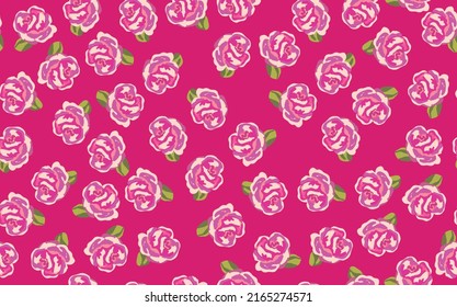 Spring colorful vector illustration with pink roses. Cartoon style. Design for fabric, textile, paper. Holiday print for Easter, Birthday, 8 march. Flowers with leaves.