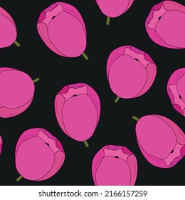 Spring colorful vector illustration with pink tulips. Cartoon style. Simple minimalistic pattern with nature elements. Vector illustration for fabric, textile, poster, invitation.