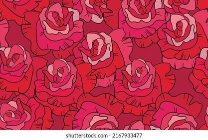 Spring colorful vector illustration with pink roses. Cartoon style. Design for fabric, textile, paper. Holiday print for Easter, Birthday, 8 march. Flowers with leaves.