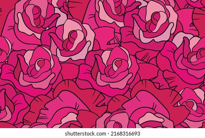 Frühlingsfarbige Vektorgrafik mit rosafarbenen Rosen. Cartoon-Stil. Design für Gewebe, Textilien, Papier. Urlaubspapier für Ostern, Geburtstag, 8. März. Blumen mit Blättern.