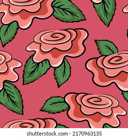 Ilustración vectorial colorida primavera con rosas rosadas. Estilo de caricatura. Diseño para tela, textil, papel. Impresión de vacaciones para Pascua, cumpleaños, 8 de marzo. Flores con hojas.