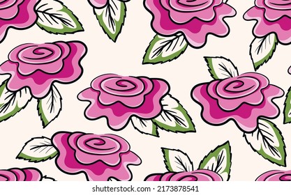 Spring colorful vector illustration with pink roses. Cartoon style. Design for fabric, textile, paper. Holiday print for Easter, Birthday, 8 March. Flowers with leaves.