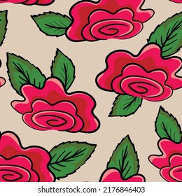 Ilustración vectorial colorida primavera con rosas rosadas. Estilo de caricatura. Diseño para tela, textil, papel. Impresión de vacaciones para Pascua, cumpleaños, 8 de marzo. Flores con hojas.