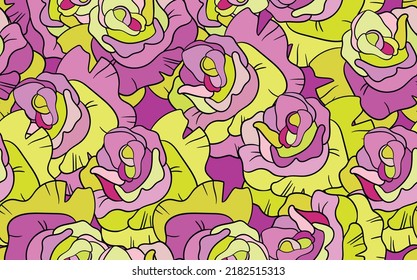 Frühlingsfarbige Vektorgrafik mit rosafarbenen Rosen. Cartoon-Stil. Design für Gewebe, Textilien, Papier. Urlaubspapier für Ostern, Geburtstag, 8. März. Blumen mit Blättern.