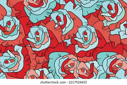 Spring colorful vector illustration with pink roses. Cartoon style. Design for fabric, textile, paper. Holiday print for Easter, Birthday, 8 march. Flowers with leaves.