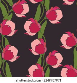 Ilustración vectorial colorida primavera con tulipanes rosados. Estilo de caricatura. Diseño para tela, textil, papel. Impresión de vacaciones para Pascua, cumpleaños, 8 de marzo. Flores con hojas.