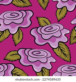Frühlingsfarbige Vektorgrafik mit rosafarbenen Rosen. Cartoon-Stil. Design für Gewebe, Textilien, Papier. Urlaubstext für Ostern, Geburtstag, 8. März. Blumen mit Blättern.