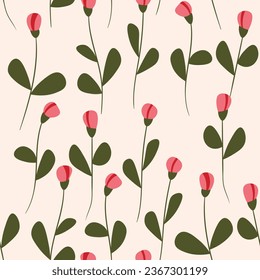 Spring colorful vector illustration with pink roses. Cartoon style. Design for fabric, textile, paper. Holiday print for Easter, Birthday, 8 march. Flowers with leaves.