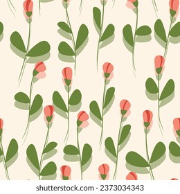 Spring colorful vector illustration with pink roses. Cartoon style. Design for fabric, textile, paper. Holiday print for Easter, Birthday, 8 march. Flowers with leaves.
