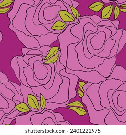 Ilustración vectorial colorida primavera con rosas rosadas. Estilo de caricatura. Diseño para tela, textil, papel. Impresión de vacaciones para Pascua, cumpleaños, 8 de marzo. Flores con hojas.