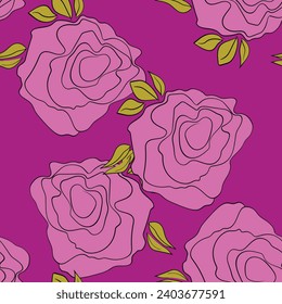 Spring colorful vector illustration with pink roses. Cartoon style. Design for fabric, textile, paper. Holiday print for Easter, Birthday, 8 March. Flowers with leaves.