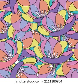 Spring colorful vector illustration with rainbow tulips. Cartoon style. Design for fabric, textile, paper. Holiday print for Easter, Birthday, 8 March. Flowers with leaves.