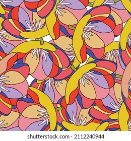 Spring colorful vector illustration with rainbow tulips. Cartoon style. Design for fabric, textile, paper. Holiday print for Easter, Birthday, 8 March. Flowers with leaves.
