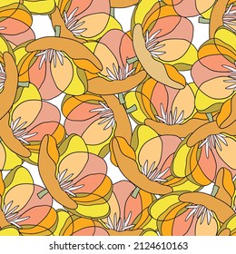 Spring colorful vector illustration with rainbow tulips. Cartoon style. Design for fabric, textile, paper. Holiday print for Easter, Birthday, 8 March. Flowers with leaves.