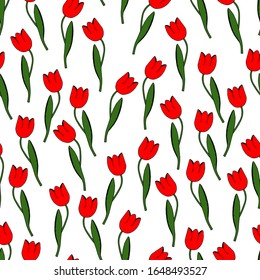 Spring colorful vector illustration with red tulips on white background. Cartoon style. Design for fabric, textile, wallpaper, posters, card, paper. Holiday print.Flowers with leaves. Seamless pattern
