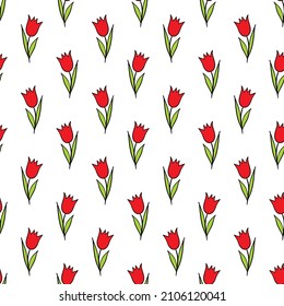 Spring colorful vector illustration with red tulips. Cartoon style. Design for fabric, textile, paper. Holiday print for Easter, Birthday, 8 march. Flowers with leaves.