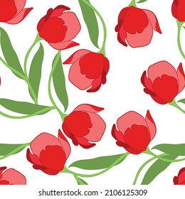 Ilustración vectorial colorida primavera con tulipanes rojos. Estilo de caricatura. Diseño para tela, textil, papel. Impresión de vacaciones para Pascua, cumpleaños, 8 de marzo. Flores con hojas.