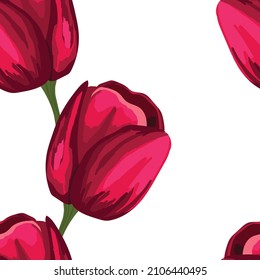 Frühlingsfarbige Vektorgrafik mit roten Tulpen. Cartoon-Stil. Design für Gewebe, Textilien, Papier. Urlaubspapier für Ostern, Geburtstag, 8. März. Blumen mit Blättern.