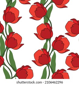 Spring colorful vector illustration with red tulips. Cartoon style. Design for fabric, textile, paper. Holiday print for Easter, Birthday, 8 march. Flowers with leaves.