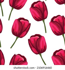 Spring colorful vector illustration with red tulips. Cartoon style. Design for fabric, textile, paper. Holiday print for Easter, Birthday, 8 march. Flowers with leaves.