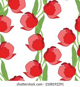 Frühlingsfarbige Vektorgrafik mit roten Tulpen. Cartoon-Stil. Design für Gewebe, Textilien, Papier. Urlaubspapier für Ostern, Geburtstag, 8. März. Blumen mit Blättern.