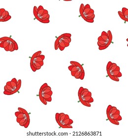Spring colorful vector illustration with red tulips. Cartoon style. Design for fabric, textile, paper. Holiday print for Easter, Birthday, 8 March. Flowers with leaves.